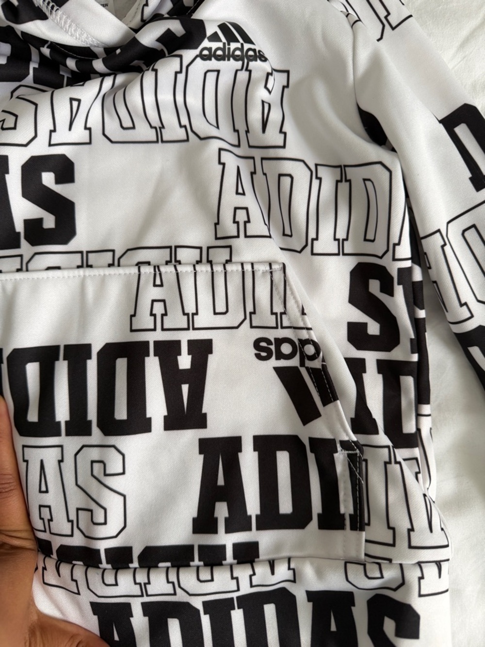 adidas White Hoodie with Black All-Over Logo Print - Picture 4 of 5